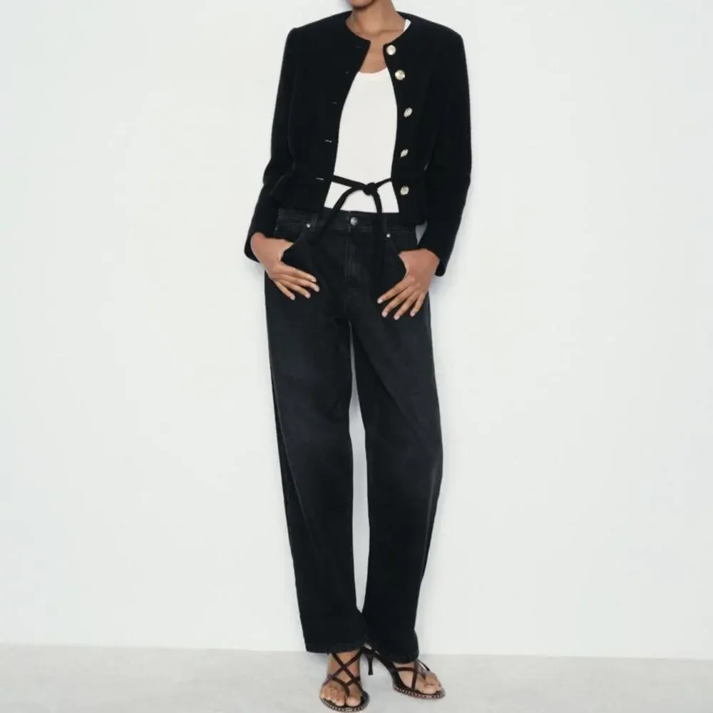 Zara Structured Blazer Lady Jacket Small Black Belted Gold Buttons Preppy Trendy - Picture 16 of 16